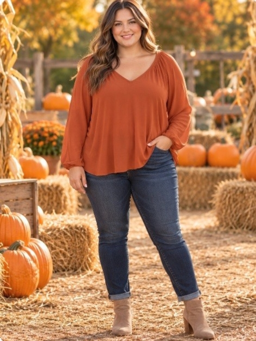 Able V-Neck Long Sleeve Top in Rust Orange